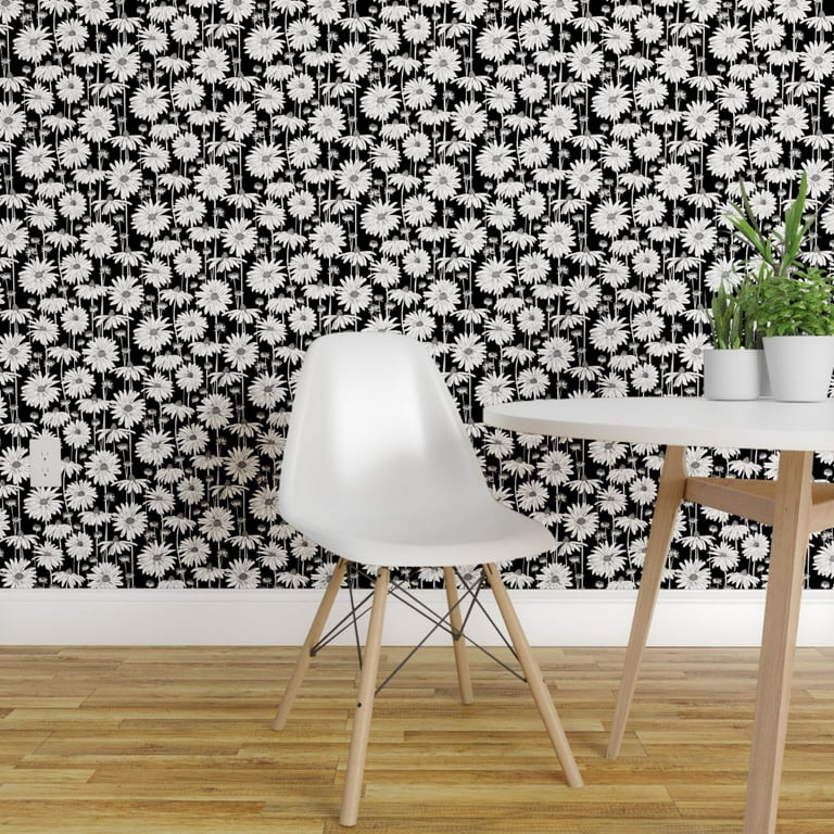 Removable Water-Activated Wallpaper Daisy Black And White Floral Garden Nature